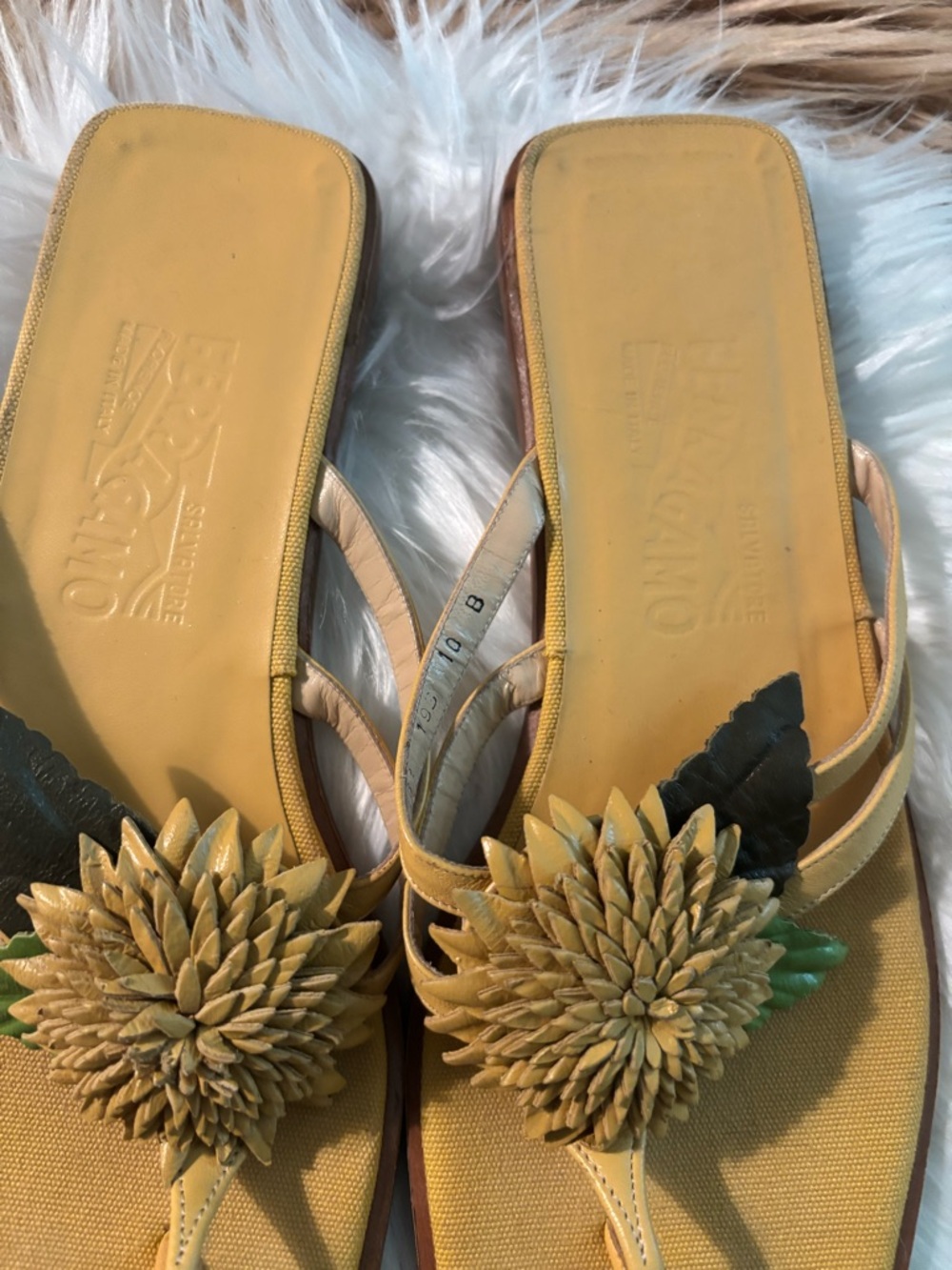 Salvatore Ferragamo Yellow Floral Toe-Post Sandals with Green Accents - Picture 4 of 6